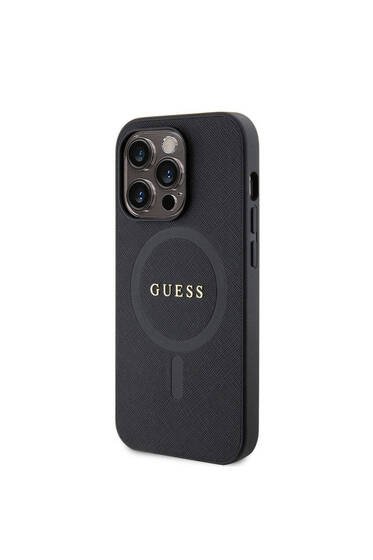 iPhone 15 Pro Uyumlu Kılıf Guess Lisanslı Magsafe Şarj Özellikli Yazı Logolu Saffiano Siyah