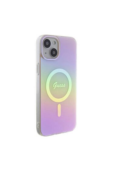 iPhone 15 Plus Uyumlu Kılıf Guess Lisanslı Magsafe Şarj Özellik Yazı Logolu Iridescent Pembe