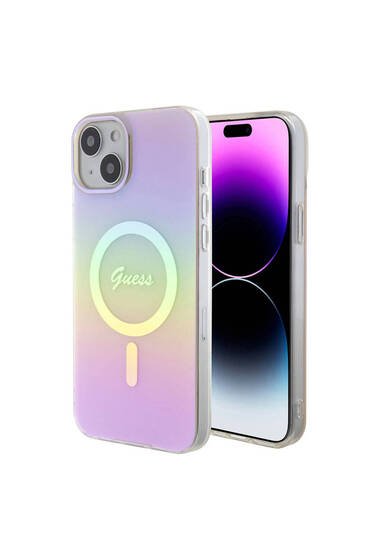 iPhone 15 Plus Uyumlu Kılıf Guess Lisanslı Magsafe Şarj Özellik Yazı Logolu Iridescent Pembe