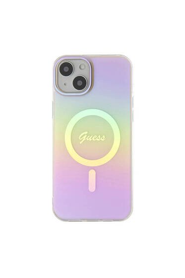 iPhone 15 Plus Uyumlu Kılıf Guess Lisanslı Magsafe Şarj Özellik Yazı Logolu Iridescent Pembe