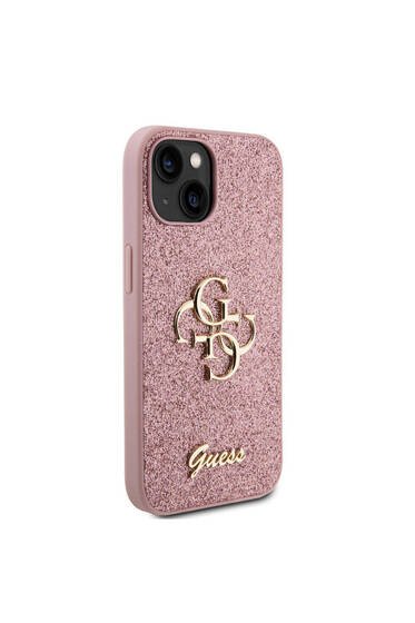 iPhone 15 Uyumlu Kılıf 4G Büyük Metal Logolu Glitter Kapak Pembe