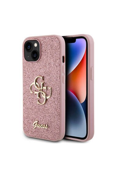 iPhone 15 Uyumlu Kılıf 4G Büyük Metal Logolu Glitter Kapak Pembe