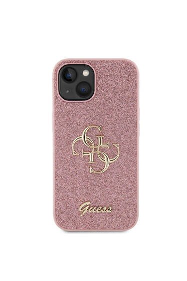 iPhone 15 Uyumlu Kılıf 4G Büyük Metal Logolu Glitter Kapak Pembe