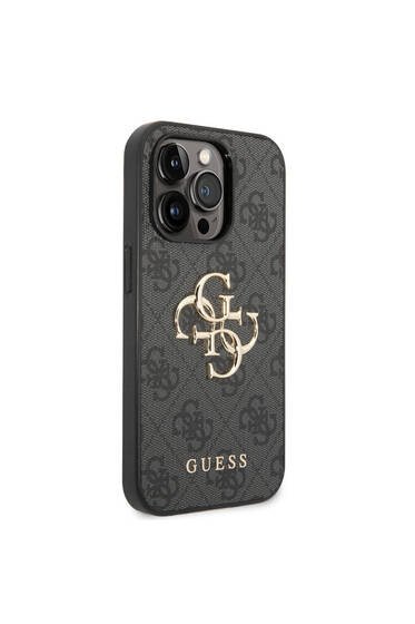 iPhone 15 Pro Uyumlu Kılıf Guess Lisanslı PU Deri Yazı ve 4G Metal Logolu Desenli Kapak Gri