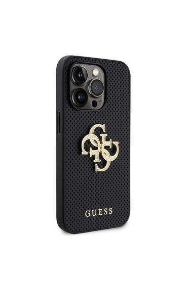 iPhone 15 Pro Uyumlu Kılıf Guess Lisanslı Delikli Yazı ve 4G Glitter Büyük Metal Logo Siyah