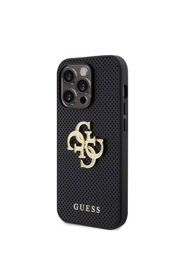 iPhone 15 Pro Uyumlu Kılıf Guess Lisanslı Delikli Yazı ve 4G Glitter Büyük Metal Logo Siyah