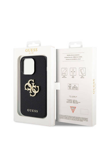 iPhone 15 Pro Uyumlu Kılıf Guess Lisanslı Delikli Yazı ve 4G Glitter Büyük Metal Logo Siyah