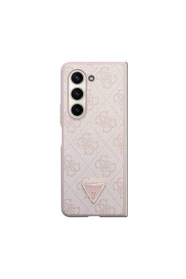 Galaxy Z Fold 5 Uyumlu Kılıf Guess Lisanslı PU Deri Taşlı Üçgen Logo 4G Desenli Strass Pembe