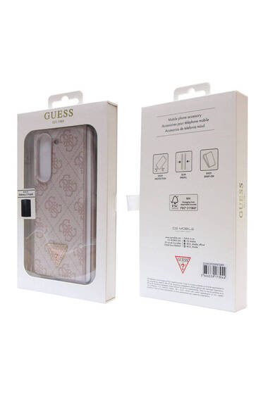 Galaxy Z Fold 5 Uyumlu Kılıf Guess Lisanslı PU Deri Taşlı Üçgen Logo 4G Desenli Strass Pembe