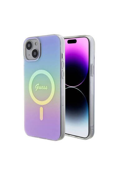 iPhone 15 Uyumlu Kılıf Guess Lisanslı Magsafe Şarj Özellik Yazı Logolu Iridescent Kapak Mor