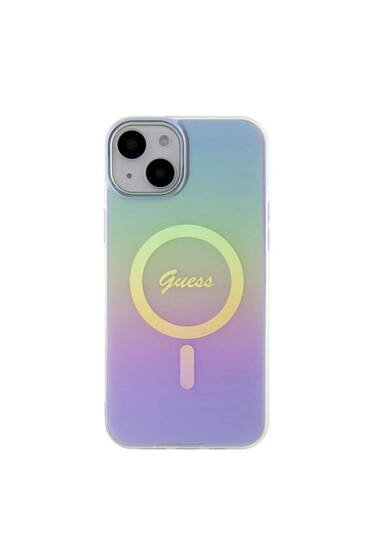 iPhone 15 Uyumlu Kılıf Guess Lisanslı Magsafe Şarj Özellik Yazı Logolu Iridescent Kapak Mor