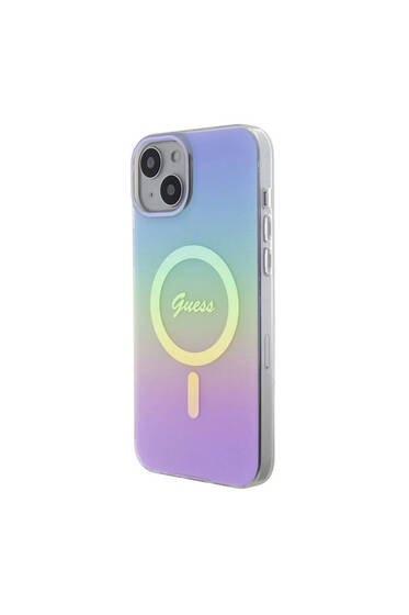 iPhone 15 Plus Uyumlu Kılıf Guess Lisanslı Magsafe Şarj Özellikli Yazı Logolu Iridescent Mor