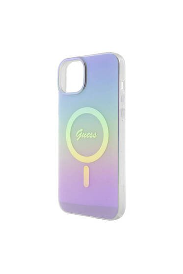 iPhone 15 Plus Uyumlu Kılıf Guess Lisanslı Magsafe Şarj Özellikli Yazı Logolu Iridescent Mor