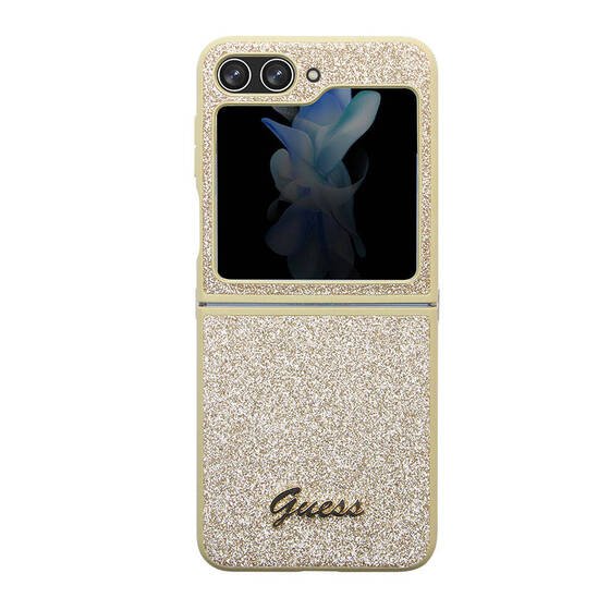 Galaxy Z Flip 5 Uyumlu Kılıf Guess Orjinal Lisanslı Yazı Logolu Glitter Script Kapak Gold