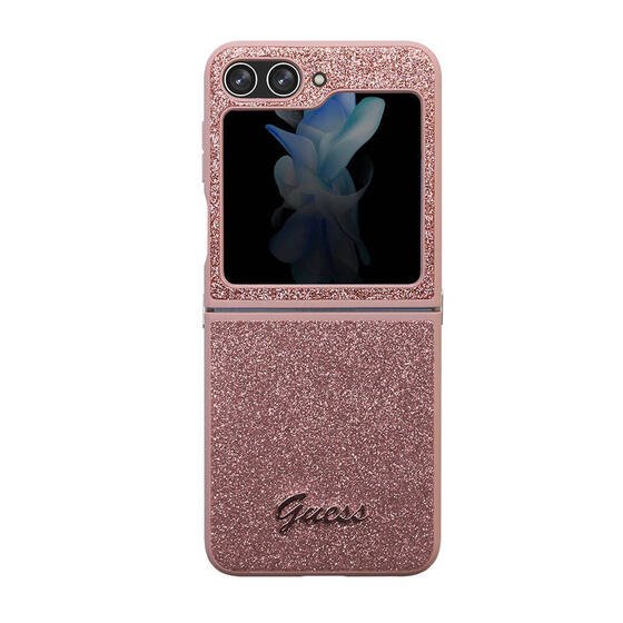 Galaxy Z Flip 5 Uyumlu Kılıf Guess Orjinal Lisanslı Yazı Logolu Glitter Script Kapak Pembe