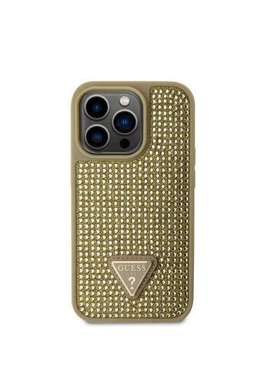 iPhone 15 Pro Uyumlu Kılıf Guess Lisanslı Taşlı Arka Yüzey Üçgen Logolu Kapak Gold