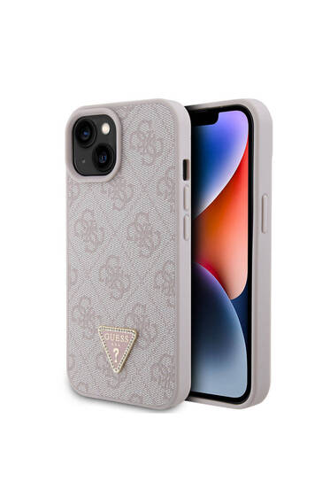 iPhone 15 Uyumlu Kılıf Guess Lisanslı PU Deri Taşlı Üçgen Logo 4G Desenli Strass Kapak Pembe