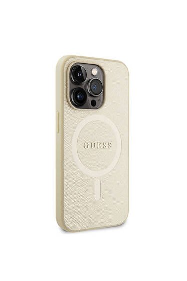 iPhone 15 Pro Uyumlu Kılıf Guess Lisanslı Magsafe Şarj Özellikli Yazı Logolu Saffiano Krem