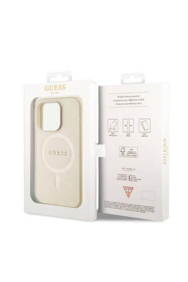 iPhone 15 Pro Uyumlu Kılıf Guess Lisanslı Magsafe Şarj Özellikli Yazı Logolu Saffiano Krem