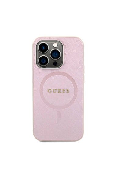 iPhone 15 Pro Uyumlu Kılıf Guess Lisanslı Magsafe Şarj Özellikli Yazı Logolu Saffiano Pembe