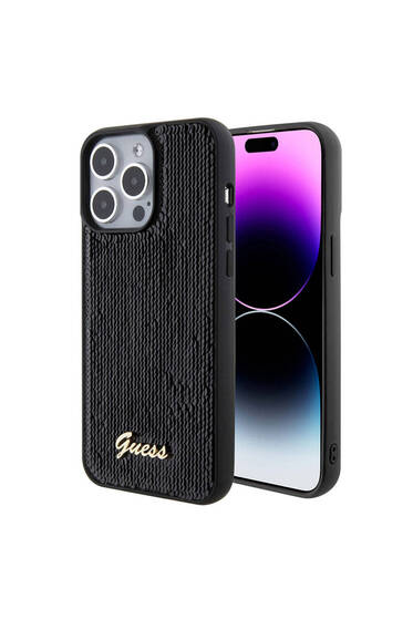 iPhone 15 Pro Max Uyumlu Kılıf Guess Lisans Pullu Arka Yüzey Metal Yazı Logolu Sequin Script Siyah