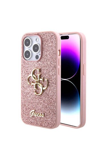 iPhone 15 Pro Uyumlu Kılıf Guess Lisanslı 4G Büyük Metal Logolu Glitter Kapak Pembe