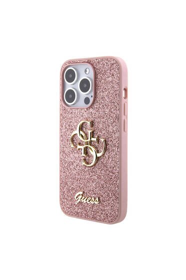 iPhone 15 Pro Uyumlu Kılıf Guess Lisanslı 4G Büyük Metal Logolu Glitter Kapak Pembe