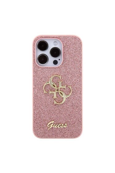 iPhone 15 Pro Uyumlu Kılıf Guess Lisanslı 4G Büyük Metal Logolu Glitter Kapak Pembe