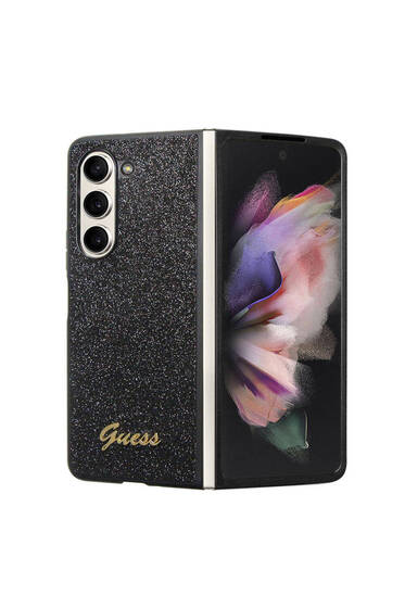 Galaxy Z Fold 5 Uyumlu Kılıf Guess Lisanslı Yazı Logolu Glitter Script Kapak Siyah