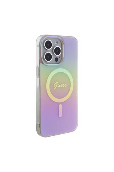 iPhone 15 Pro Max Uyumlu Kılıf  Lisans Magsafe Şarj Özellik Yazı Logo Iridescent Pembe