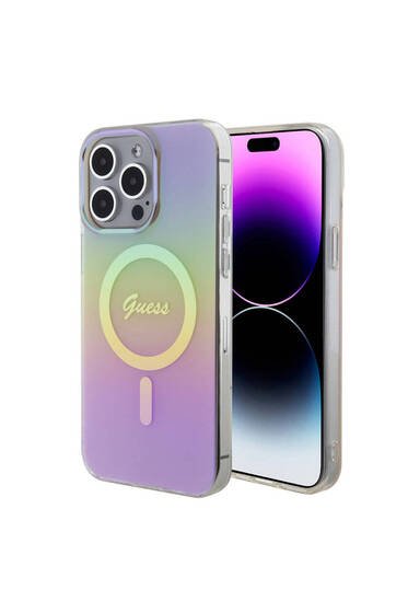 iPhone 15 Pro Max Uyumlu Kılıf  Lisans Magsafe Şarj Özellik Yazı Logo Iridescent Pembe