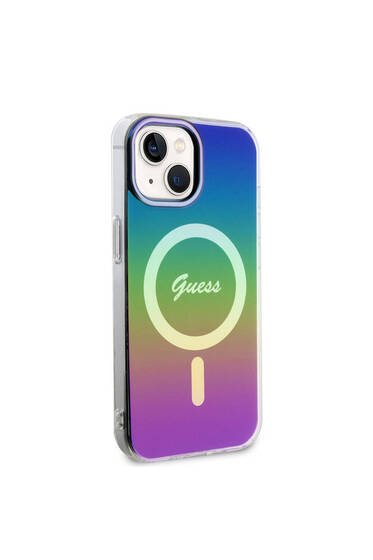 iPhone 15 Uyumlu Kılıf Guess Lisanslı Magsafe Şarj Özellikli Yazı Logolu Iridescent Siyah