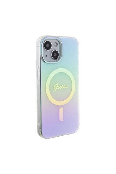 iPhone 15 Plus Uyumlu Kılıf Guess Lisanslı Magsafe Şarj Özellik Yazı Logo Iridescent Turkuaz