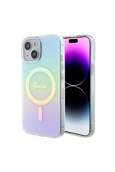 iPhone 15 Plus Uyumlu Kılıf Guess Lisanslı Magsafe Şarj Özellik Yazı Logo Iridescent Turkuaz