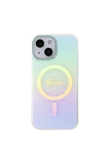 iPhone 15 Plus Uyumlu Kılıf Guess Lisanslı Magsafe Şarj Özellik Yazı Logo Iridescent Turkuaz