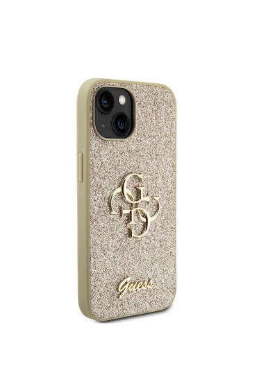 iPhone 15 Plus Uyumlu Kılıf Guess Lisanslı 4G Büyük Metal Logolu Glitter Kapak Gold