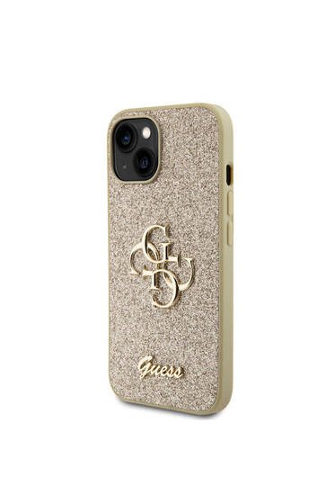 iPhone 15 Plus Uyumlu Kılıf Guess Lisanslı 4G Büyük Metal Logolu Glitter Kapak Gold