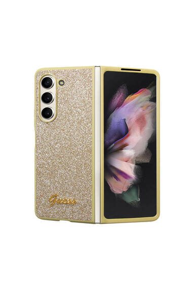 Galaxy Z Fold 5 Uyumlu Kılıf Guess Lisanslı Yazı Logolu Glitter Script Kapak Gold