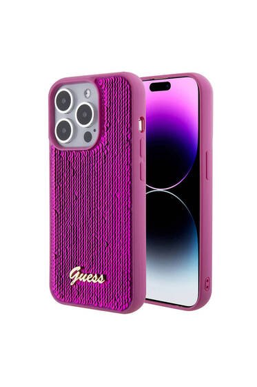 iPhone 15 ProUyumlu Kılıf Guess Lisanslı Pullu Arka Yüzey Metal Yazı Logolu Sequin Script Pembe