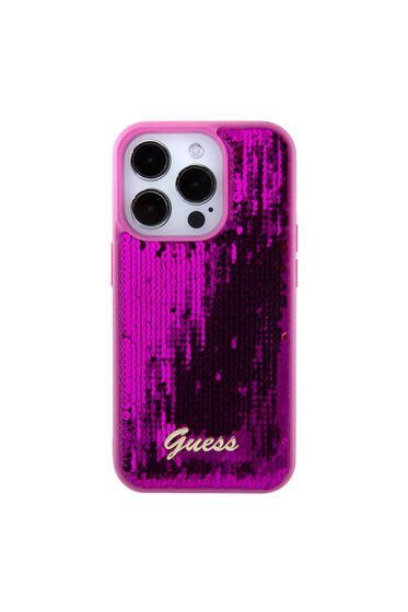 iPhone 15 ProUyumlu Kılıf Guess Lisanslı Pullu Arka Yüzey Metal Yazı Logolu Sequin Script Pembe