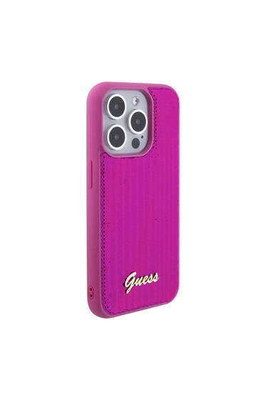 iPhone 15 ProUyumlu Kılıf Guess Lisanslı Pullu Arka Yüzey Metal Yazı Logolu Sequin Script Pembe