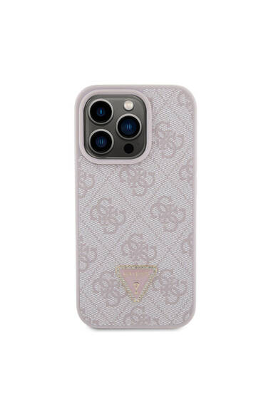 iPhone 15 Pro Uyumlu Kılıf Guess Lisanslı PU Deri Taşlı Üçgen Logo 4G Desenli Strass Pembe