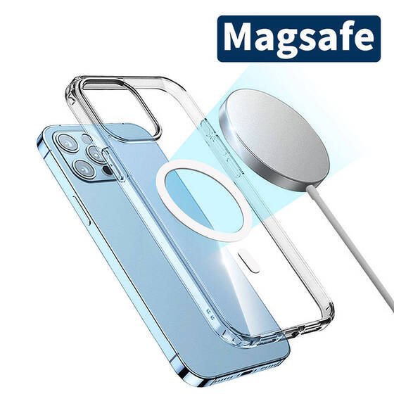 iPhone 15 Pro Max Kılıf Magsafe Şarj Özellikli Şeffaf Sert PC Embos Kapak