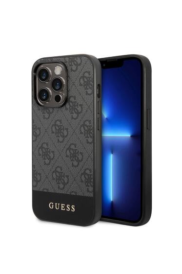 iPhone 14 Pro Max Uyumlu Kılıf GUESS PU Deri Şerit Logo Dizaynlı Kapak