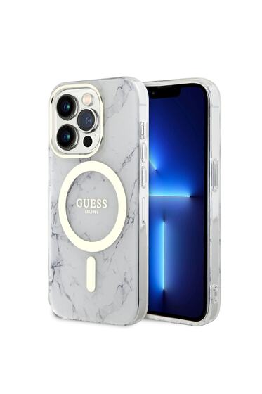 iPhone 13 Pro Max Uyumlu Kılıf GUESS Magsafe Şarj Özellikli Mermer Desenli Kapak