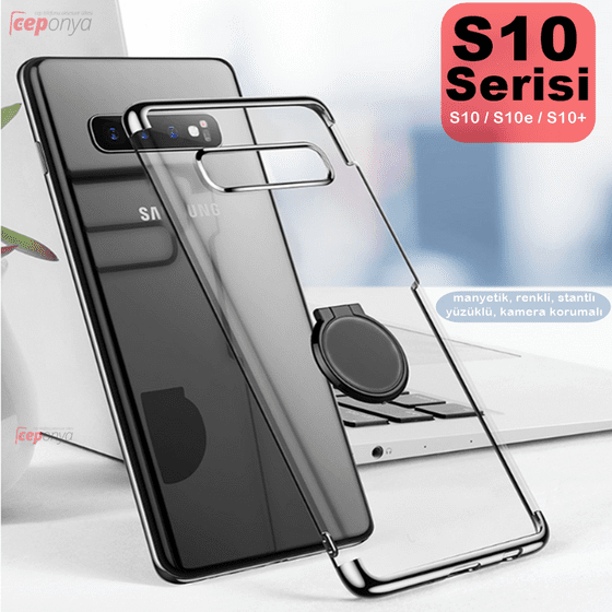 Galaxy S10E Yüzüklü Stantlı Köşeleri Renkli Şeffaf Gess Kılıf