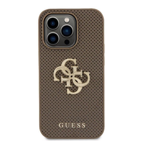 iPhone 15 Pro Uyumlu Kılıf Guess Orjinal Lisanslı Delikli 4G Glitter Büyük Metal Logolu Kahverengi