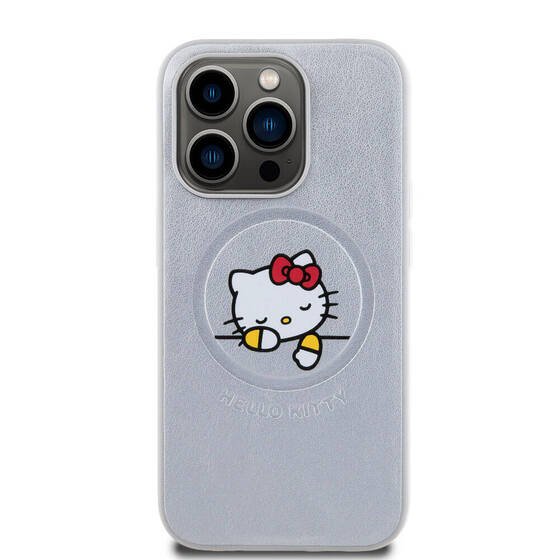 iPhone 15 Pro Kılıf Hello Kitty Orj Lisanslı Magsafe Özellikli Baskı Logolu Uyuyan Kitty Deri Gümüş