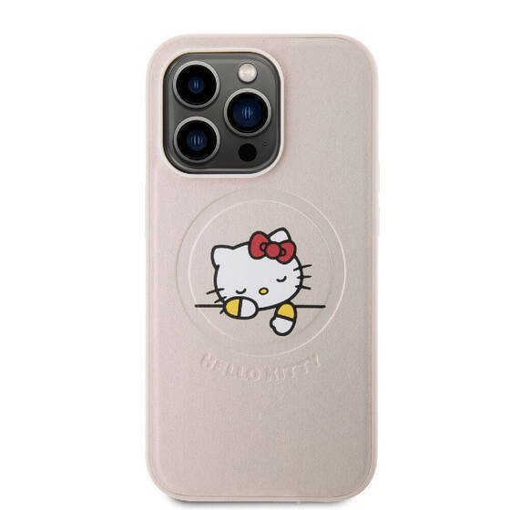 iPhone 15 Pro Kılıf Hello Kitty Orj Lisanslı Magsafe Özellikli Baskı Logolu Uyuyan Kitty Deri Pembe