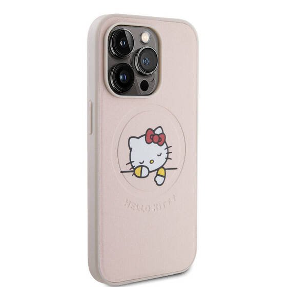 iPhone 15 Pro Kılıf Hello Kitty Orj Lisanslı Magsafe Özellikli Baskı Logolu Uyuyan Kitty Deri Pembe